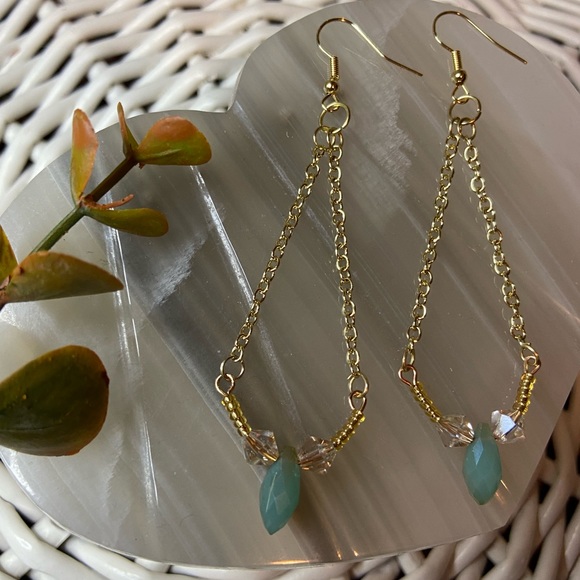 Hand Crafted Jewelry - Handmade Turquoise Crystal Chain Dangle Earrings